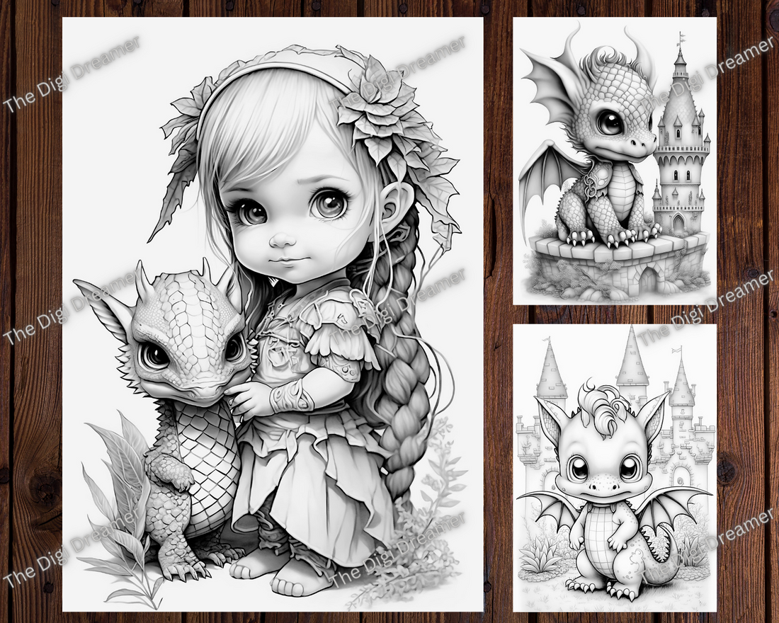 Fantasy Dragons & Castles Grayscale Printable Coloring Pages for Adults