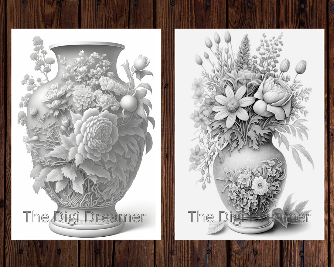 Flower Vase Bouquets Grayscale Printable Coloring Pages For Adults & Kids