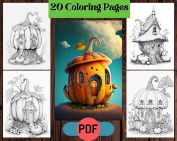 Whimsical Pumpkin Houses - Grayscale Printable Coloring Pages for Adults