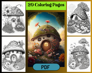Fantasy Mushroom Hobbit Houses Grayscale Printable Coloring Pages