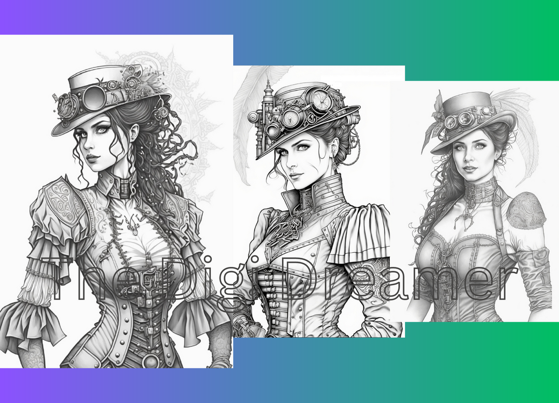 Steampunk Women Grayscale Coloring Pages for Adults