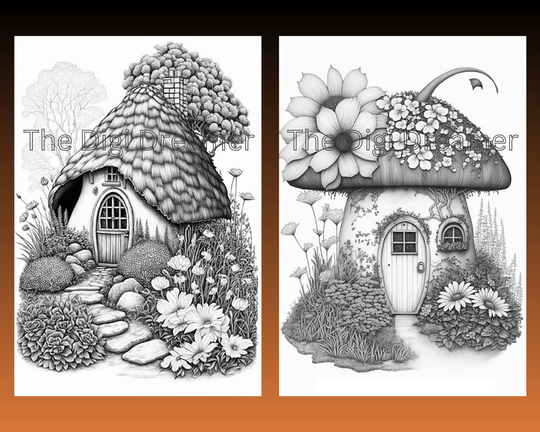 Fantasy Mushroom Hobbit Houses Grayscale Printable Coloring Pages
