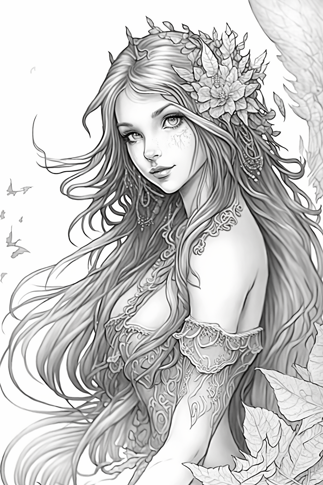 Fantasy Mermaids Grayscale Printable Coloring Pages for Adults
